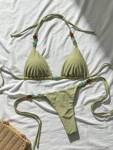 Bonvoyette 女士纯色挂脖金属配饰性感比基尼套装，春夏款 - 黃色 - 查看 3