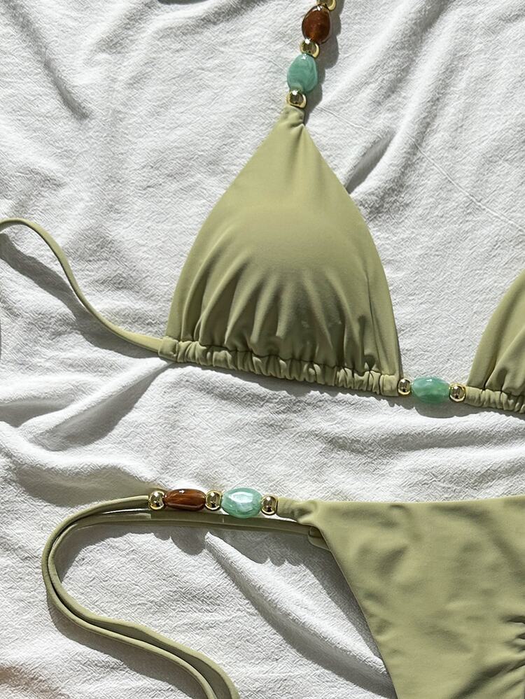 SHEIN Swim Women's Solid Color Halter Metal Accessories Sexy Bikini Set, Spring/Summer - Yellow - View 5