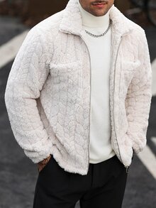 Manfinity CasualCool 男士純色拉鍊口袋毛絨長袖休閒夾克開襟衫 仿法蘭絨外套 冬季 - 杏色 - 查看 7