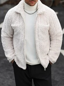 Manfinity CasualCool 男士純色拉鍊口袋毛絨長袖休閒夾克開襟衫 仿法蘭絨外套 冬季 - 杏色 - 查看 1