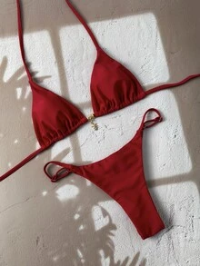 SHEIN Swim Women's Plain Color Metal Pendant Decoration Sexy Halter Bikini Set Summer - Red Violet - View 5