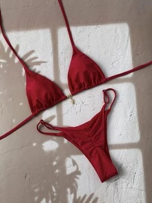 SHEIN Swim Women's Plain Color Metal Pendant Decoration Sexy Halter Bikini Set Summer - Red Violet - View 4