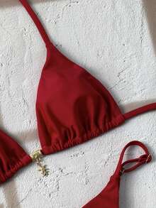SHEIN Swim Women's Plain Color Metal Pendant Decoration Sexy Halter Bikini Set Summer - Red Violet - View 6