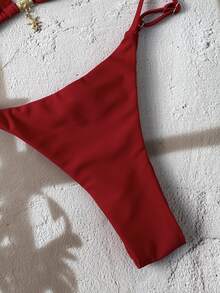 SHEIN Swim Women's Plain Color Metal Pendant Decoration Sexy Halter Bikini Set Summer - Red Violet - View 7