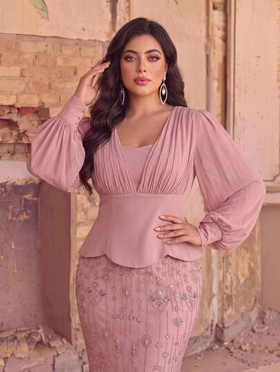 Aureia فستان طويل مستقيم أنيق وفاخر باللون الوردي، بياقة على شكل حرف V، أكمام فانوس من الشيفون، صدر مجعد، فتحة خلفية، مزين بالترتر، مناسب للصيف كفستان رسمي لضيفة حفل زفاف، حفلة توديع العزوبية، حفل التخرج، وفستان سهرة رسمي