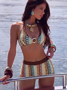 SHEIN Swim Wavy Pattern High Waist Bikini Set, Halter Neck Ring Design, Slimming Beach Vacation 2 Pieces Swimwear - Multicolor - View 4