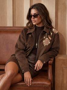 Anewsta Women's Elegant Fashion Casual Luxury Sequin Embroidered Decorated Jacket For Autumn/Winter, Holiday Party, Outing - Brown - View 5