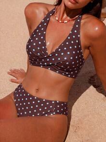 SHEIN Swim Springbreak Women's Summer Beach Vacation Brown Polka Dot Random Print Criss-Cross Back Tie Top And Patchwork Bikini Bottom 2 Pieces Swimwear - Multicolor - View 7