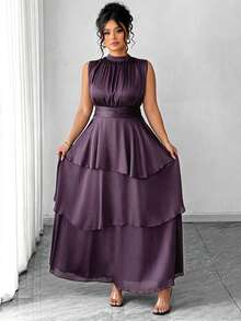 Elenzga Plus Size Women's Elegant Casual Commute Vacation Afternoon Tea Solid Color Chiffon Pleated Fabric Waist Pleats Layered Hem Long Sleeve Long Italian Style Ruffle Detail Dress - Purple - View 3