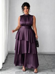 Elenzga Plus Size Women's Elegant Casual Commute Vacation Afternoon Tea Solid Color Chiffon Pleated Fabric Waist Pleats Layered Hem Long Sleeve Long Italian Style Ruffle Detail Dress - Purple - View 1