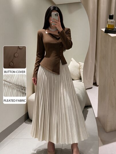Modelyn Women's Woven Brown Long Sleeve Button-Up Asymmetrical Hem Fitted Romantic Pleated Skirt Outfit 2 Pieces Set For Casual, Office And Commute