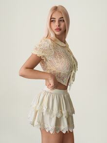 SHEIN ICON Summer Elegant Jacquard Tie-Up Puff Sleeve Top & Lace Trim Cake Skirt Set - Apricot - View 6