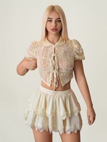 SHEIN ICON Summer Elegant Jacquard Tie-Up Puff Sleeve Top & Lace Trim Cake Skirt Set - Apricot - View 5