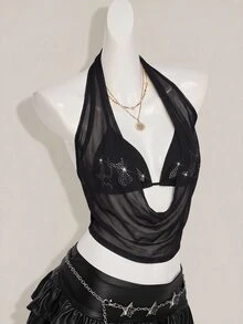 SHEIN ICON Women's Mesh Patchwork Fashion Versatile Halter Neck Top For Dating And Outings - Black - View 4