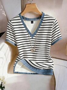 GlowEve CURVE Plus Size Women's V-Neck Effect Patchwork Striped Short Sleeve Shirt, Summer - Multicolor - View 4