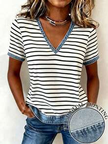 GlowEve CURVE Plus Size Women's V-Neck Effect Patchwork Striped Short Sleeve Shirt, Summer - Multicolor - View 5