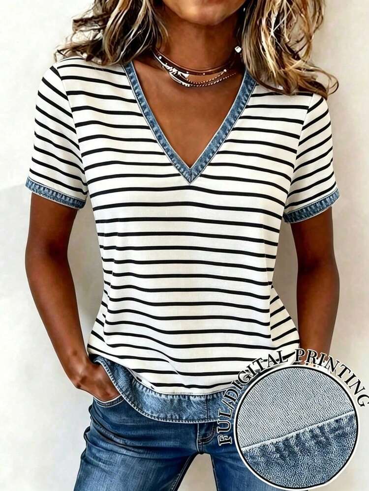 GlowEve CURVE Plus Size Women's V-Neck Effect Patchwork Striped Short Sleeve Shirt, Summer - Multicolor - View 5