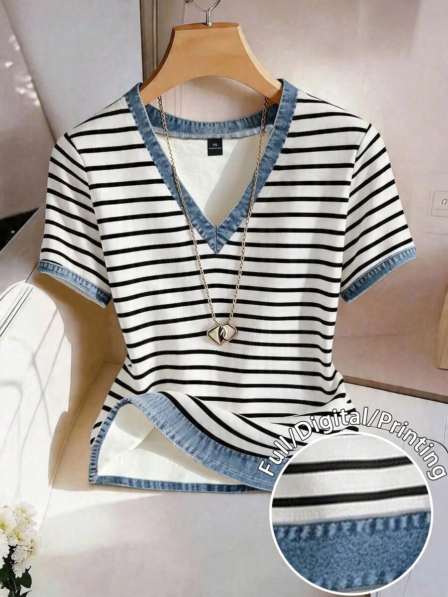 GlowEve CURVE Plus Size Women's V-Neck Effect Patchwork Striped Short Sleeve Shirt, Summer - Multicolor - View 1