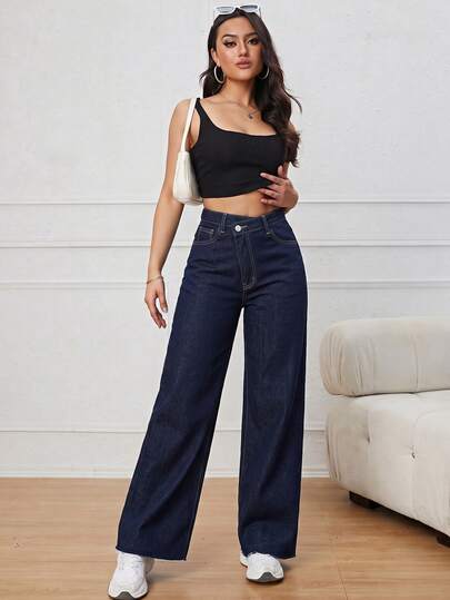 SHEIN EZwear Jeans casual da donna in denim per uso quotidiano con tasche e bottoni