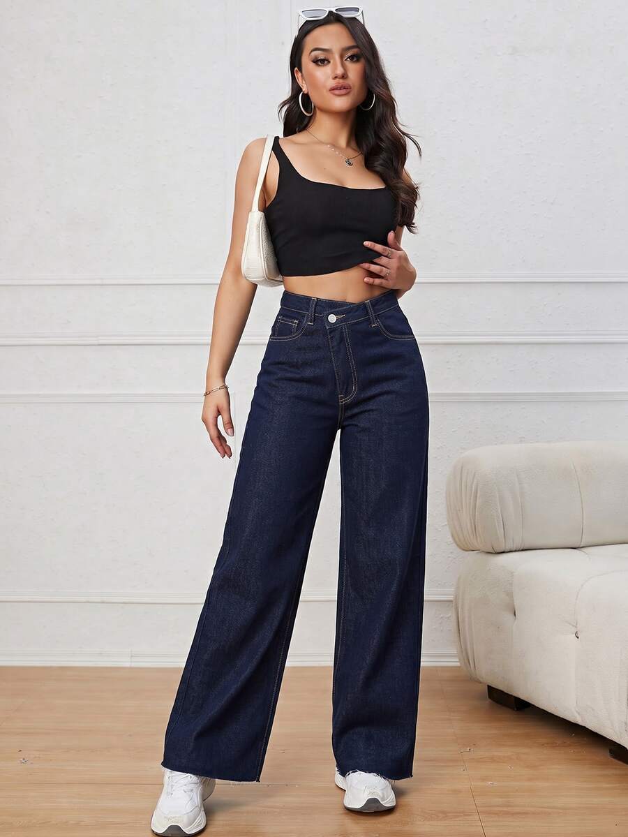 SHEIN EZwear 女款休閒街頭風日常牛仔褲，附口袋與鈕扣，適合日常約會秋季穿著