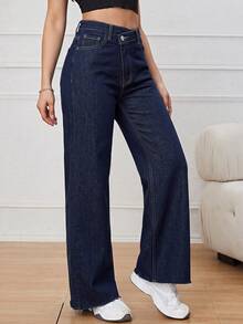 SHEIN EZwear 女款休閒街頭風日常牛仔褲，附口袋與鈕扣，適合日常約會秋季穿著 - 深色水洗藍 - 查看 7