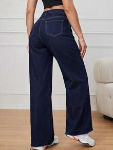SHEIN EZwear 女款休閒街頭風日常牛仔褲，附口袋與鈕扣，適合日常約會秋季穿著 - 深色水洗藍 - 查看 3