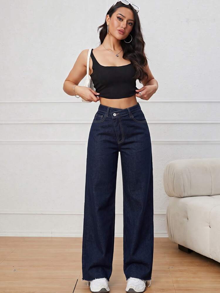 SHEIN EZwear Women's Casual Daily Denim Jeans With Pockets And Buttons - Dark Wash - View 3