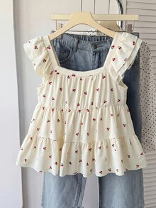 SHEIN 青少年女孩 春夏新款 藍白清新編織條紋休閒度假風 傘擺多層娃娃風背心上衣，休閒穿搭，夏季穿著 - 彩色 - 查看 2