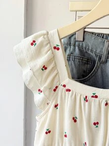 SHEIN 青少年女孩 春夏新款 藍白清新編織條紋休閒度假風 傘擺多層娃娃風背心上衣，休閒穿搭，夏季穿著 - 彩色 - 查看 5