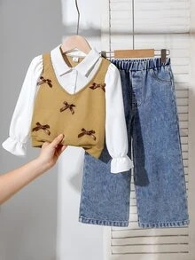 SHEIN Young Girls Outfit Set Shirt + Jeans Combination, Suitable For Spring, Autumn And Winter Wear. Exquisite Jacquard Knit Vest, Bowknot Adds Sweetness, Simple Shirt Easy To Match, Comfortable And Stylish Jeans, Fashionable And Sweet Style, Suitable For Daily Outings, Shopping, Playing And Attending Parties - Khaki - View 5