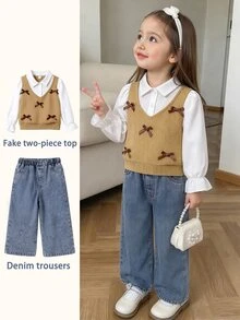 SHEIN Young Girls Outfit Set Shirt + Jeans Combination, Suitable For Spring, Autumn And Winter Wear. Exquisite Jacquard Knit Vest, Bowknot Adds Sweetness, Simple Shirt Easy To Match, Comfortable And Stylish Jeans, Fashionable And Sweet Style, Suitable For Daily Outings, Shopping, Playing And Attending Parties - Khaki - View 3
