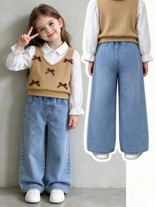 SHEIN Young Girls Outfit Set Shirt + Jeans Combination, Suitable For Spring, Autumn And Winter Wear. Exquisite Jacquard Knit Vest, Bowknot Adds Sweetness, Simple Shirt Easy To Match, Comfortable And Stylish Jeans, Fashionable And Sweet Style, Suitable For Daily Outings, Shopping, Playing And Attending Parties - Khaki - View 1