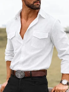 DREXORIN Men's Solid Color Long Sleeve Utility Pocket Casual Shirt - White - View 1