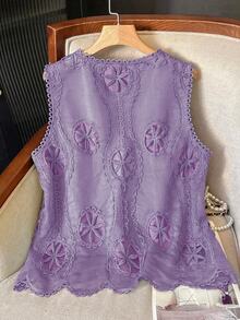 Lacomfia Women's Elegant Minimalist Round Neck Hollow Floral Plus Size Camisole - Purple - View 2