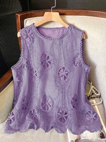 Lacomfia Women's Elegant Minimalist Round Neck Hollow Floral Plus Size Camisole - Purple - View 4