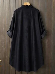 Linhara 春秋防丹寧面料長版休閒襯衫，可當外套或單穿，大尺碼秋季款 - 黑色 - 查看 2