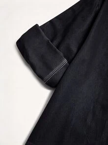 Linhara 春秋防丹寧面料長版休閒襯衫，可當外套或單穿，大尺碼秋季款 - 黑色 - 查看 5