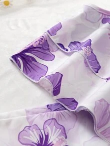 SHEIN طقم ربيعي للبنات الصغيرات من 4 قطع، 2 ستايل فستان كامي بكشكشة زهري وأبيض بنقشة زهور وسادة. أجواء عطلة صيفية استوائية. إطلالتان سهلة التبديل. قماش ناعم - الأرجواني - مشاهدة 4