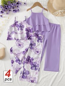 SHEIN طقم ربيعي للبنات الصغيرات من 4 قطع، 2 ستايل فستان كامي بكشكشة زهري وأبيض بنقشة زهور وسادة. أجواء عطلة صيفية استوائية. إطلالتان سهلة التبديل. قماش ناعم - الأرجواني - مشاهدة 1