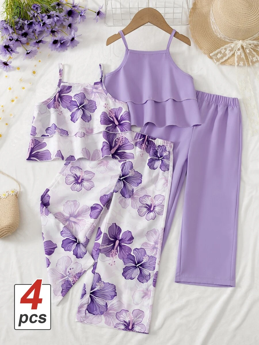 SHEIN طقم ربيعي للبنات الصغيرات من 4 قطع، 2 ستايل فستان كامي بكشكشة زهري وأبيض بنقشة زهور وسادة. أجواء عطلة صيفية استوائية. إطلالتان سهلة التبديل. قماش ناعم - الأرجواني - مشاهدة 1