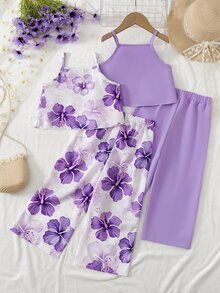 SHEIN طقم ربيعي للبنات الصغيرات من 4 قطع، 2 ستايل فستان كامي بكشكشة زهري وأبيض بنقشة زهور وسادة. أجواء عطلة صيفية استوائية. إطلالتان سهلة التبديل. قماش ناعم - الأرجواني - مشاهدة 2