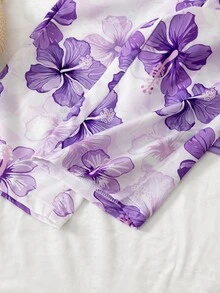 SHEIN طقم ربيعي للبنات الصغيرات من 4 قطع، 2 ستايل فستان كامي بكشكشة زهري وأبيض بنقشة زهور وسادة. أجواء عطلة صيفية استوائية. إطلالتان سهلة التبديل. قماش ناعم - الأرجواني - مشاهدة 6