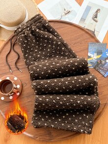 Elamini Autumn/Winter Fleece Fabric Unique Print Cute Playful Long French Style Elegant Wearable Home Slouchy Women's Long Pants - Brown - View 1