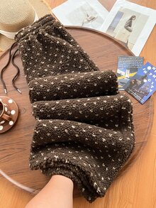Elamini Autumn/Winter Fleece Fabric Unique Print Cute Playful Long French Style Elegant Wearable Home Slouchy Women's Long Pants - Brown - View 2