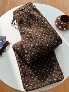 Elamini Autumn/Winter Fleece Fabric Unique Print Cute Playful Long French Style Elegant Wearable Home Slouchy Women's Long Pants - Brown - View 4