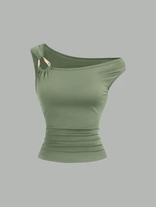 Elenzga Plus Size Asymmetric Collar Fitted T-Shirt, Versatile Casual Top, Spring/Summer - Mint Green - View 4