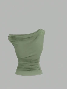 Elenzga Plus Size Asymmetric Collar Fitted T-Shirt, Versatile Casual Top, Spring/Summer - Mint Green - View 5