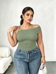 Elenzga Plus Size Asymmetric Collar Fitted T-Shirt, Versatile Casual Top, Spring/Summer - Mint Green - View 3