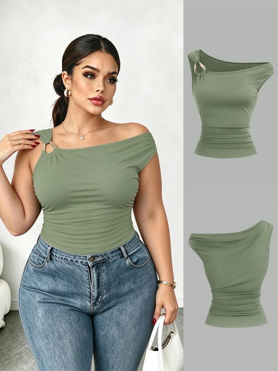 Elenzga Plus Size Asymmetric Collar Fitted T-Shirt, Versatile Casual Top, Spring/Summer - Mint Green - View 1