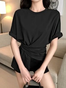 DAZY 女士圆领扭纹细节短袖 T 恤，简约时尚，适合夏季 - 黑色 - 查看 4